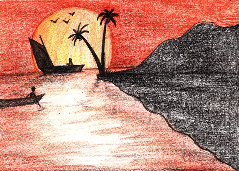 Beach Sunset Color Pencil Drawing