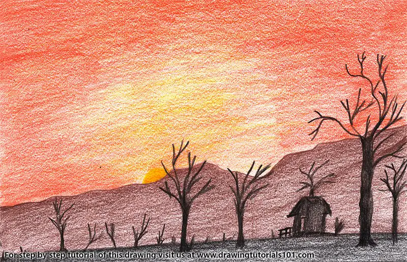 Sunset in Desert Color Pencil Drawing