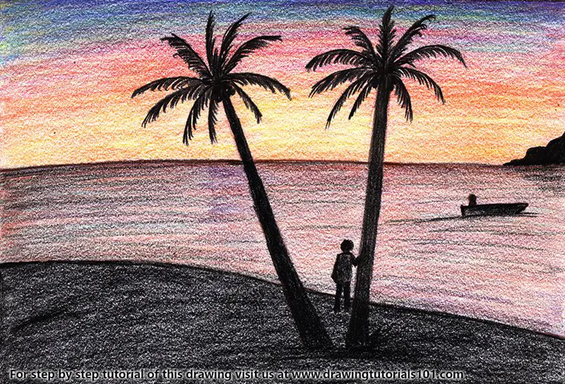 Sunset on Beach Color Pencil Drawing