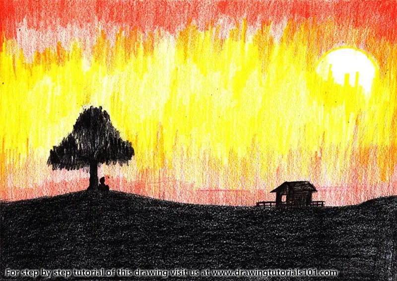 Sunset Scene Color Pencil Drawing