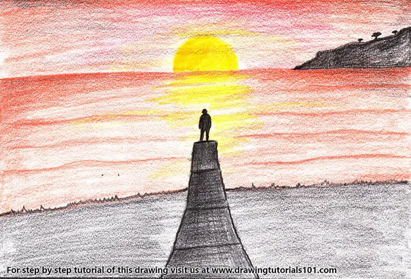 Sunset Scenery Color Pencil Drawing