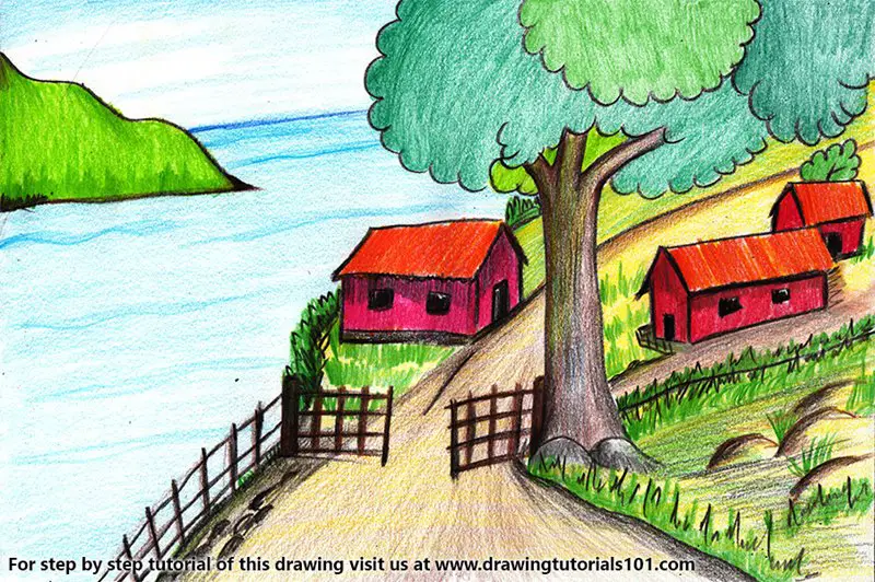 A Beautiful Village Scenery Color Pencil Drawing