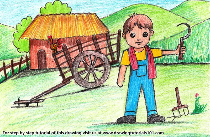 Farmer Village Scene Color Pencil Drawing