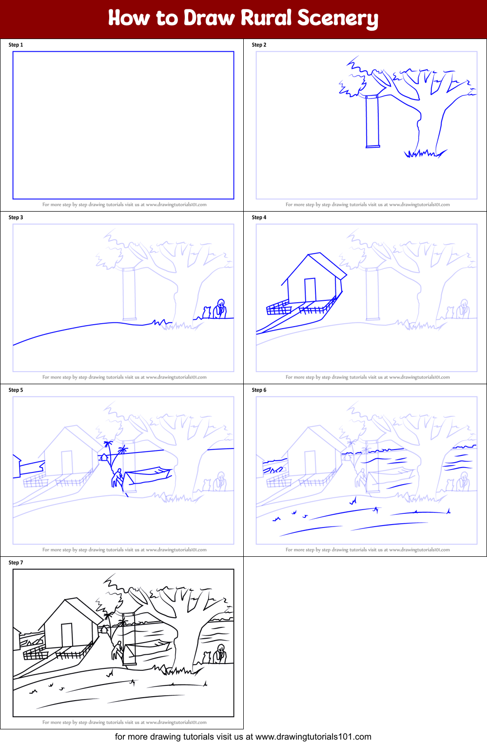 How to Draw Rural Scenery printable step by step drawing sheet ...