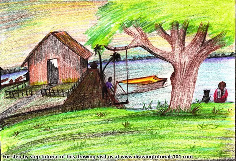 Rural Scenery Color Pencil Drawing