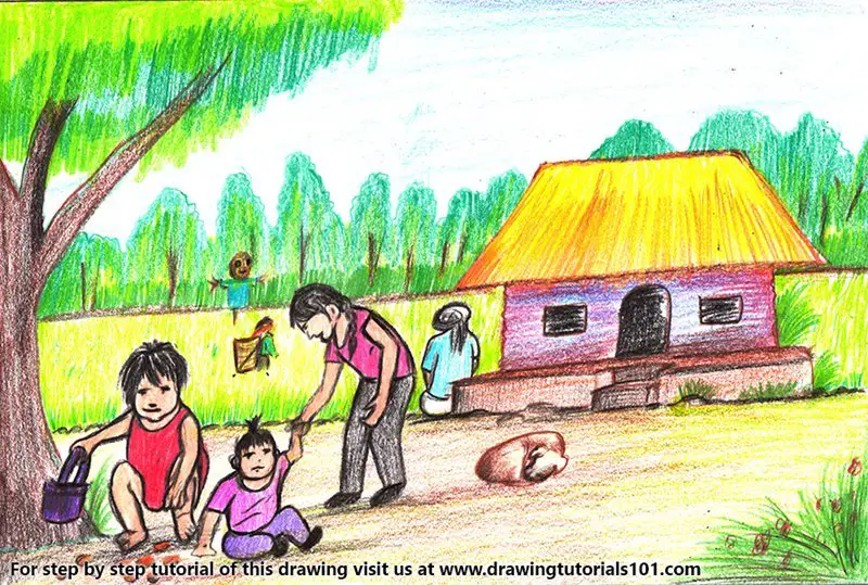 Village Life Color Pencil Drawing