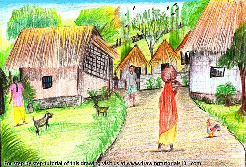Village Scene Color Pencil Drawing