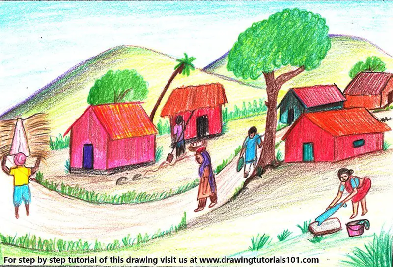 Village Scenery Color Pencil Drawing