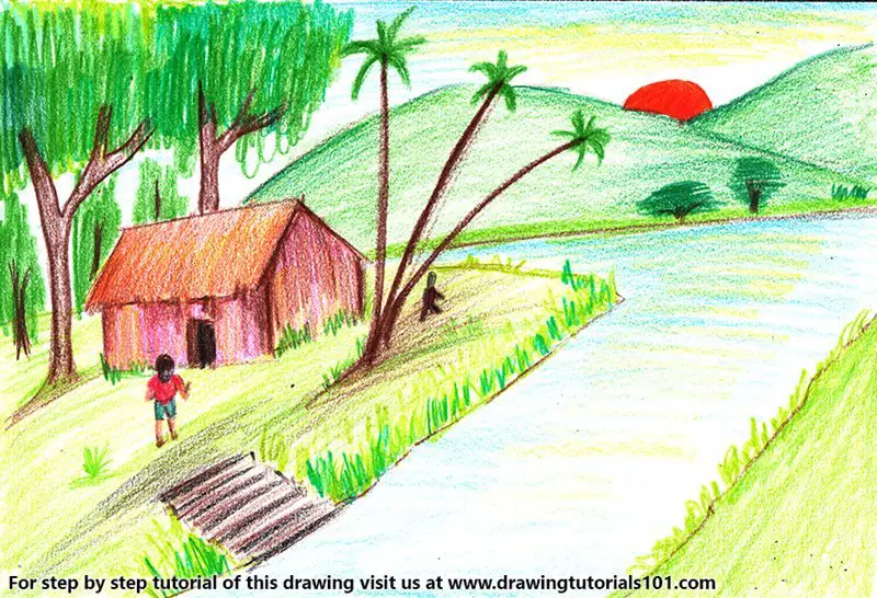 Village with Lake Sunset Scene Color Pencil Drawing