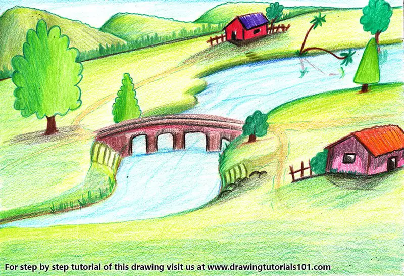 Village with River Color Pencil Drawing