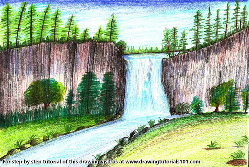 Beautiful Waterfall Color Pencil Drawing