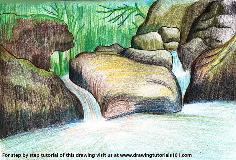 Waterfall Scenery Color Pencil Drawing