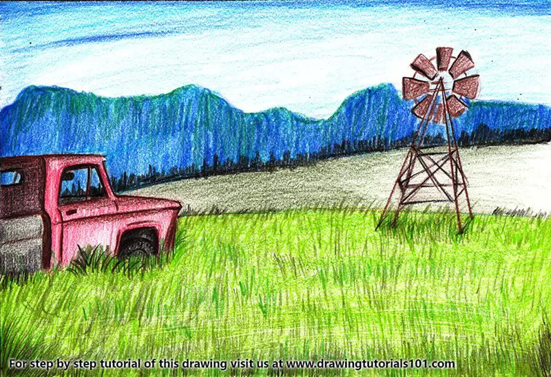 Farm Windmill Scene Color Pencil Drawing