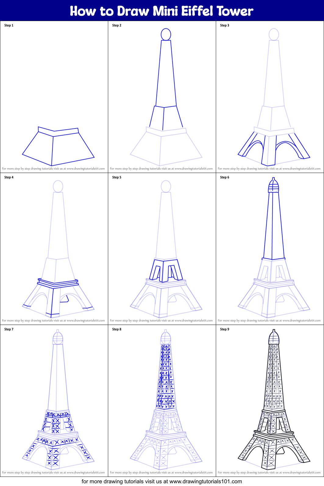 How to Draw Mini Eiffel Tower printable step by step drawing sheet