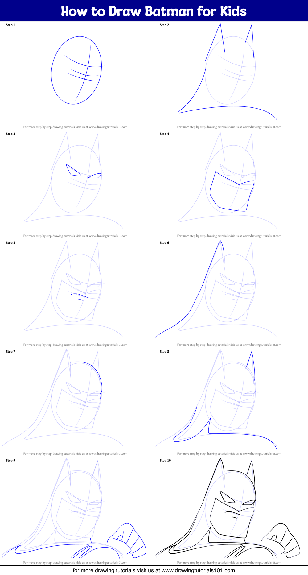 How to Draw Batman for Kids printable step by step drawing sheet