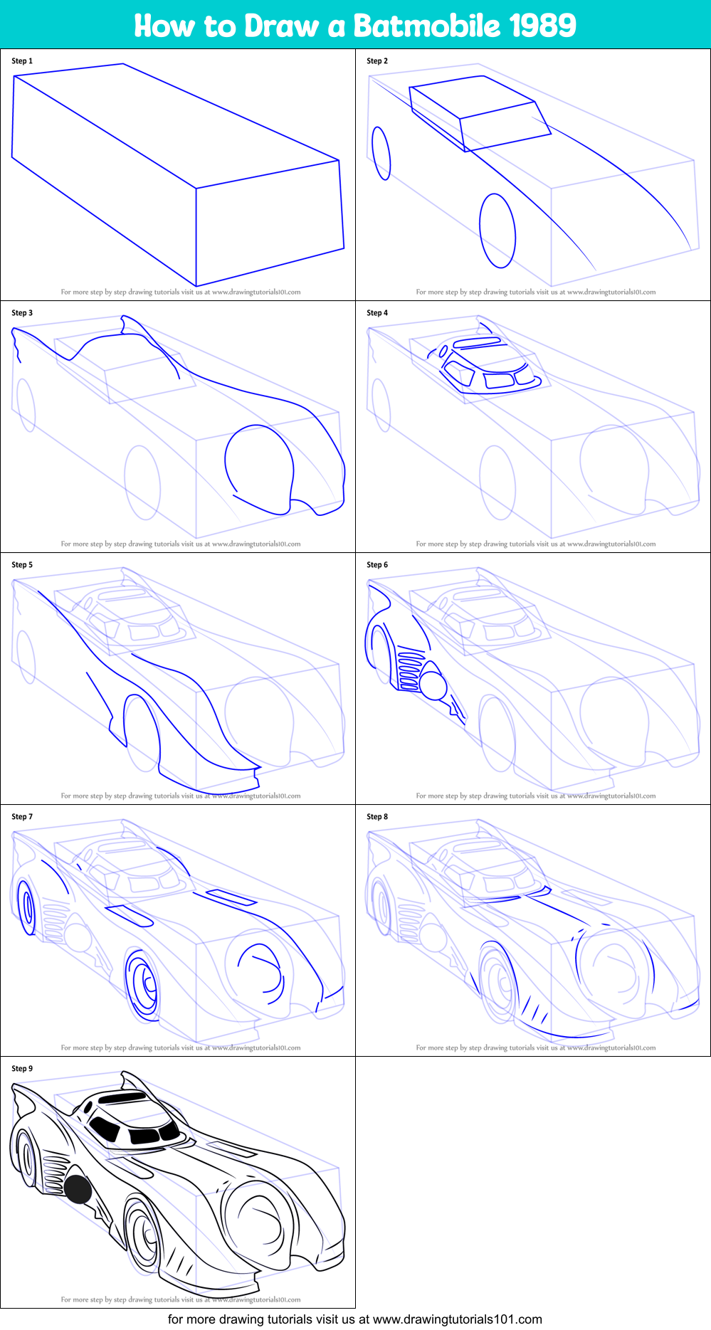 How to Draw a Batmobile 1989 printable step by step drawing sheet