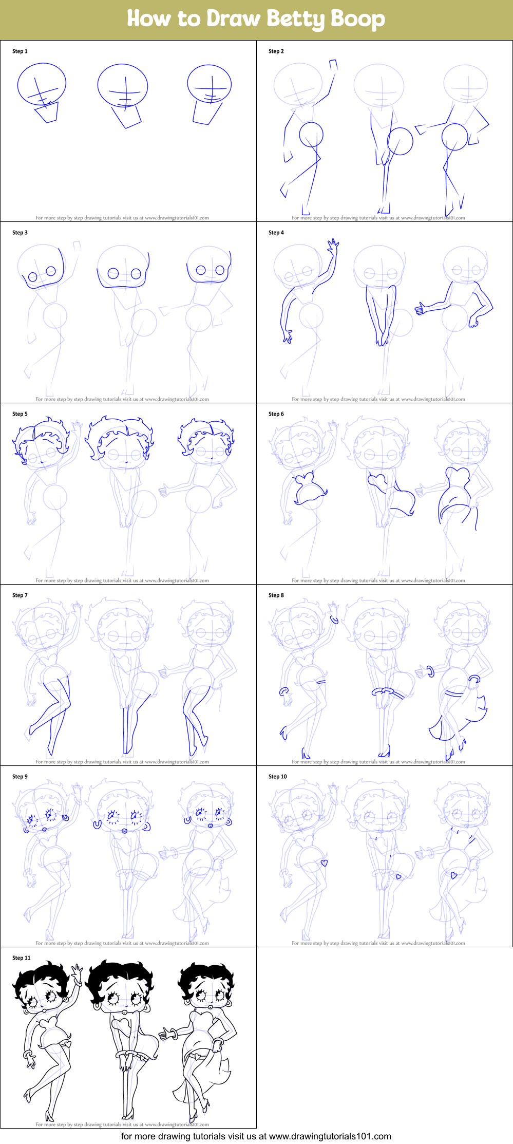 How to Draw Betty Boop printable step by step drawing sheet