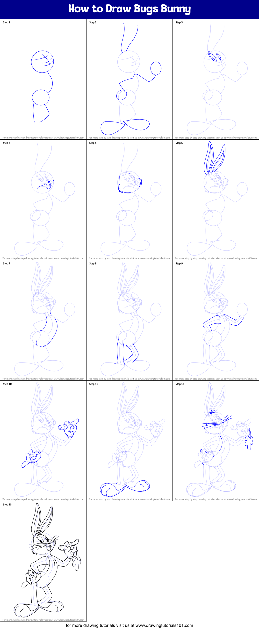 How to Draw Bugs Bunny printable step by step drawing sheet