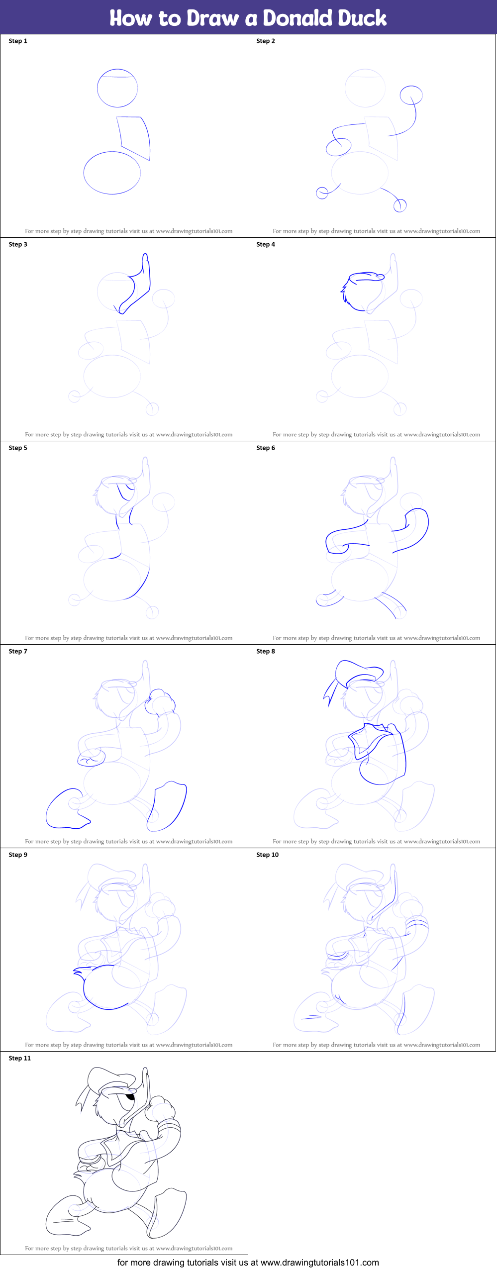 How to Draw a Donald Duck printable step by step drawing sheet ...