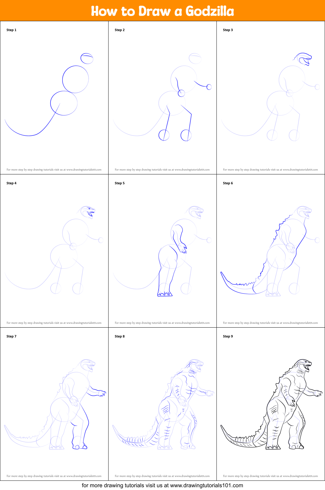 How to Draw a Godzilla printable step by step drawing sheet