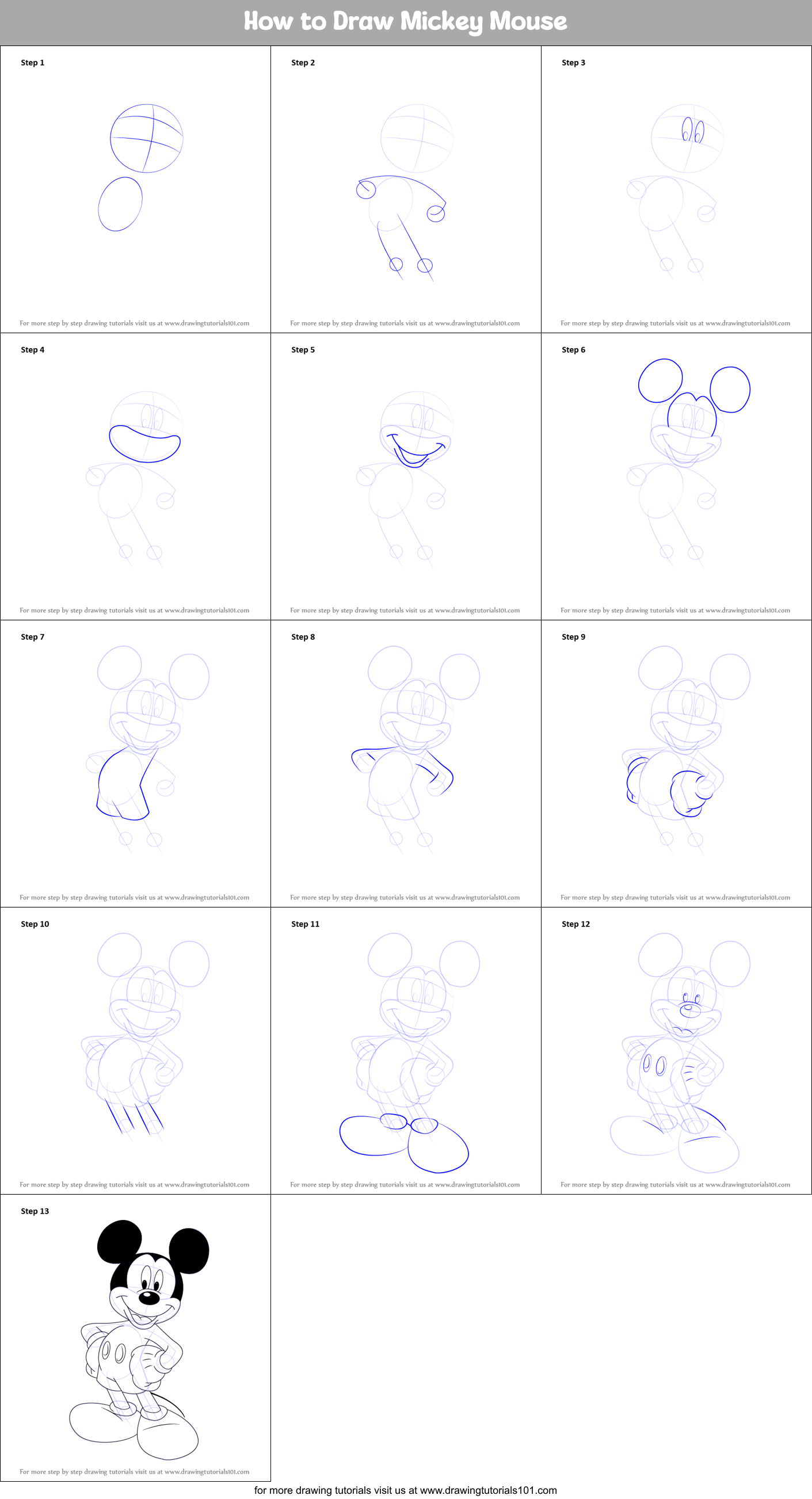 How to Draw Mickey Mouse printable step by step drawing sheet