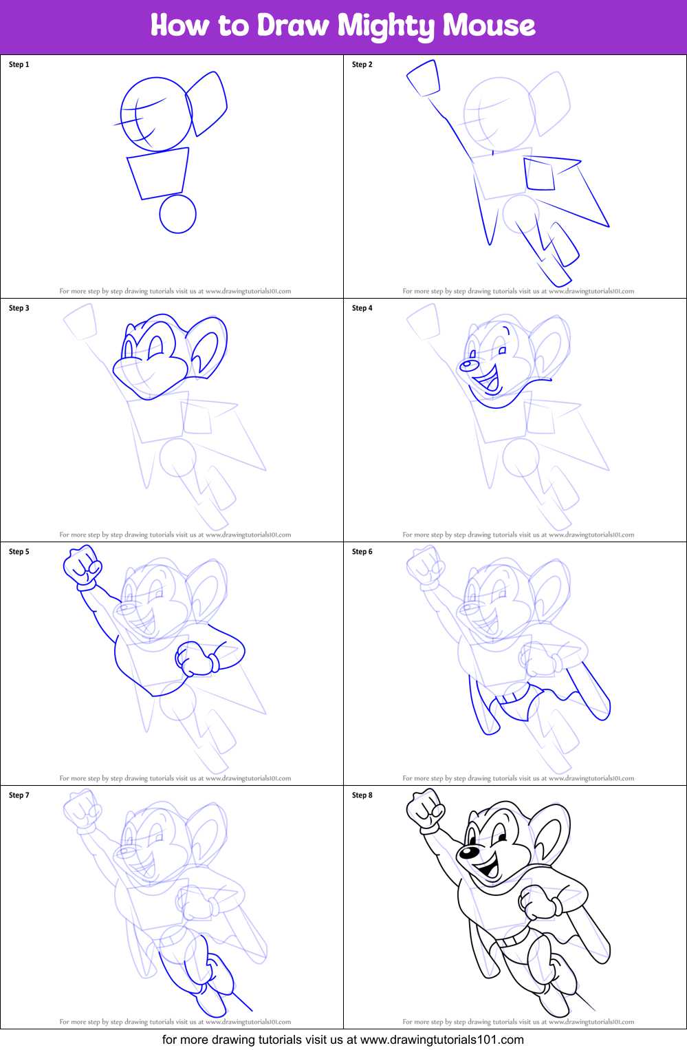 How to Draw Mighty Mouse printable step by step drawing sheet ...