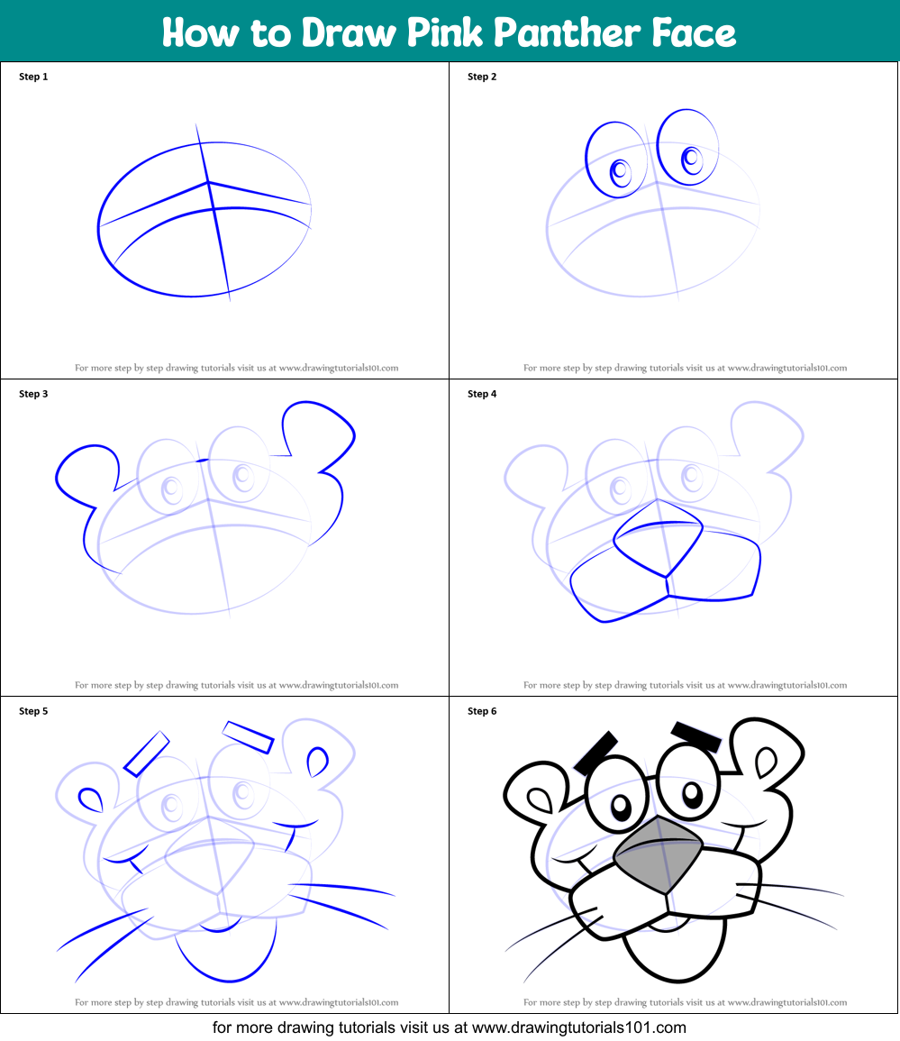 How to Draw Pink Panther Face printable step by step drawing sheet :  