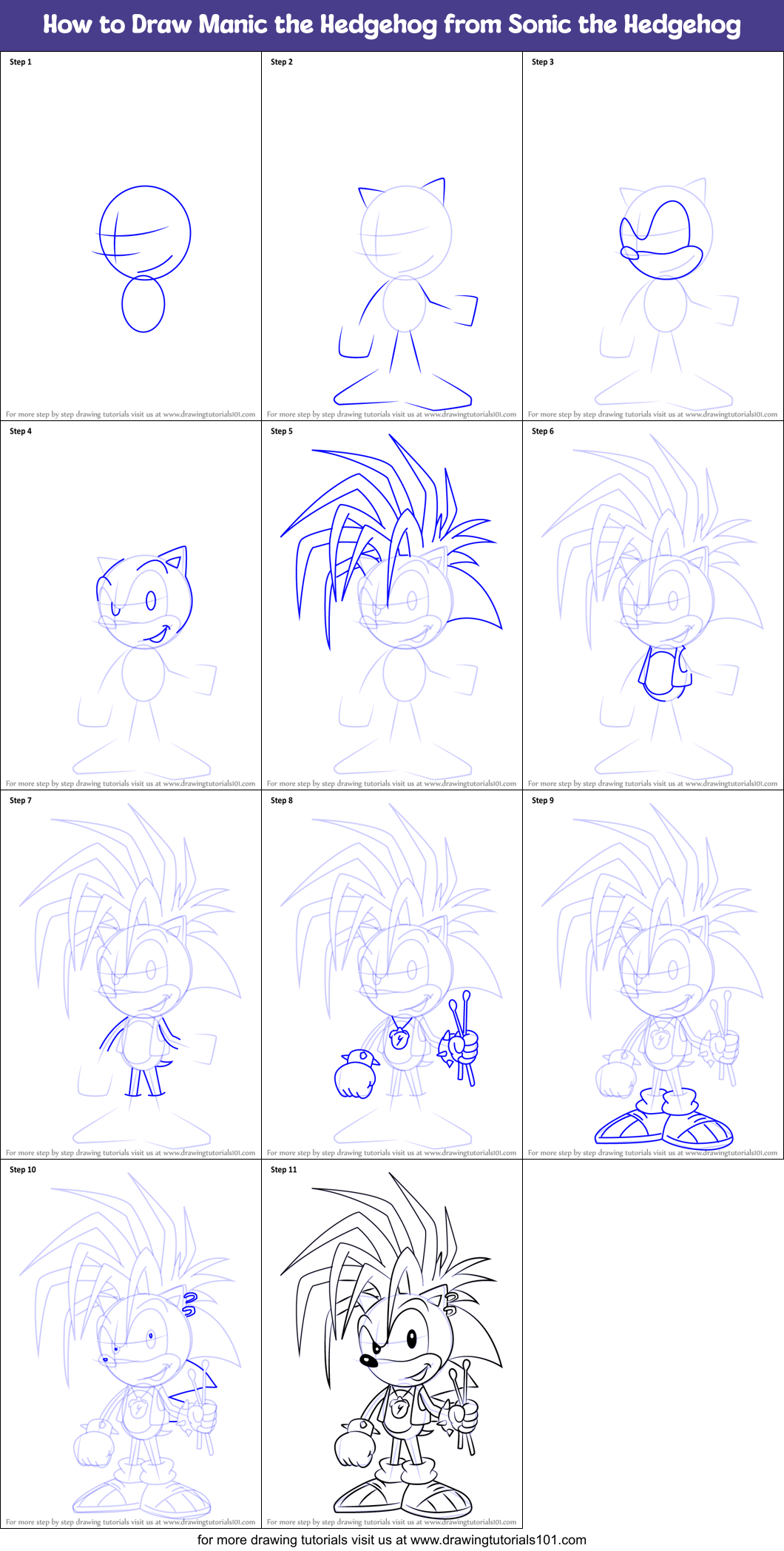 How To Draw Manic The Hedgehog From Sonic The Hedgehog Printable Step
