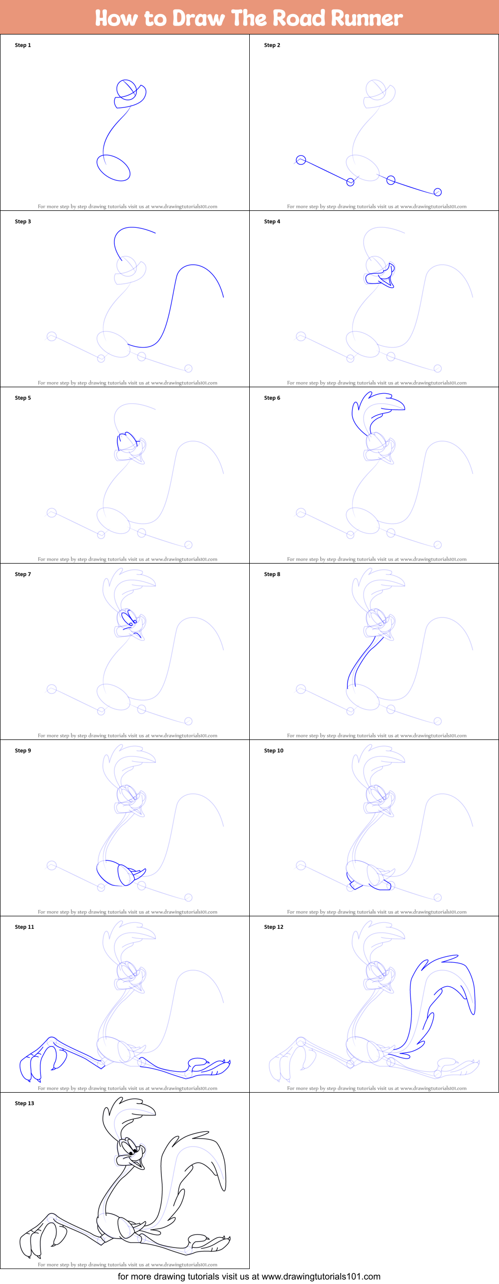 How to Draw The Road Runner printable step by step drawing sheet ...