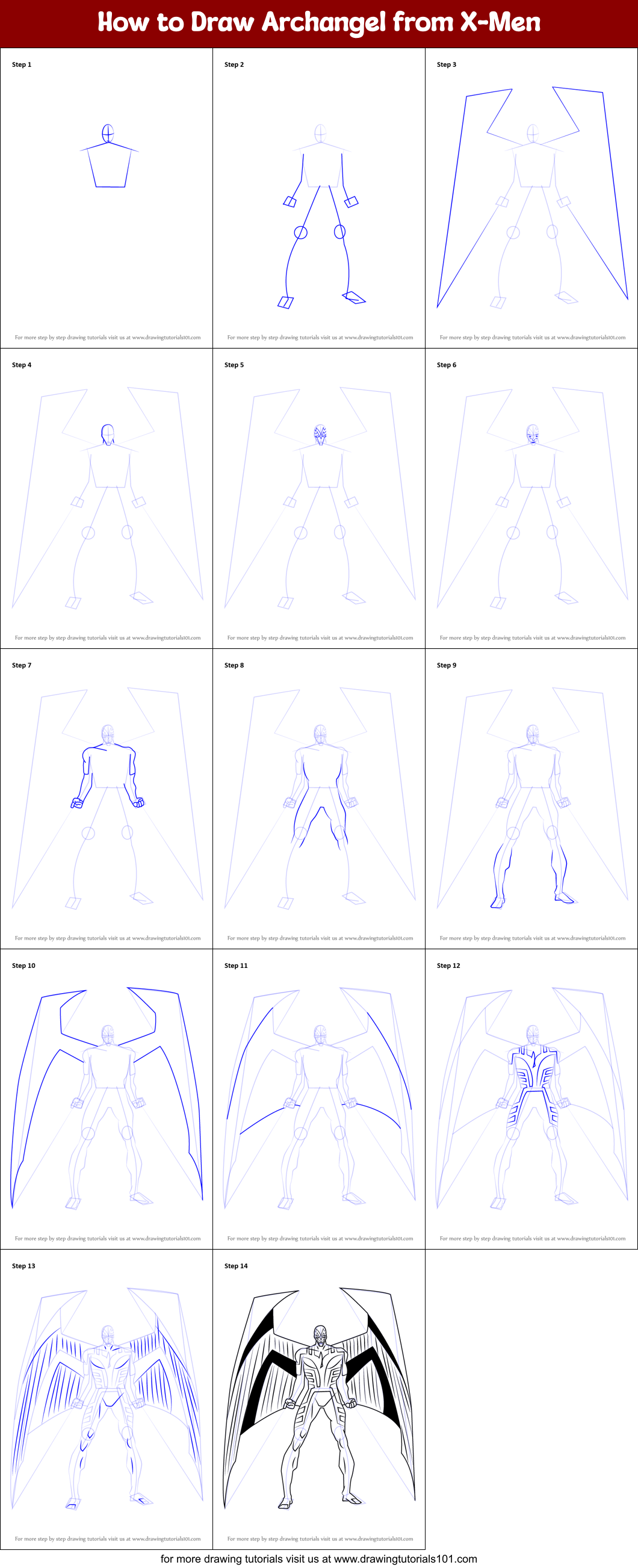 How to Draw Archangel from XMen printable step by step drawing sheet