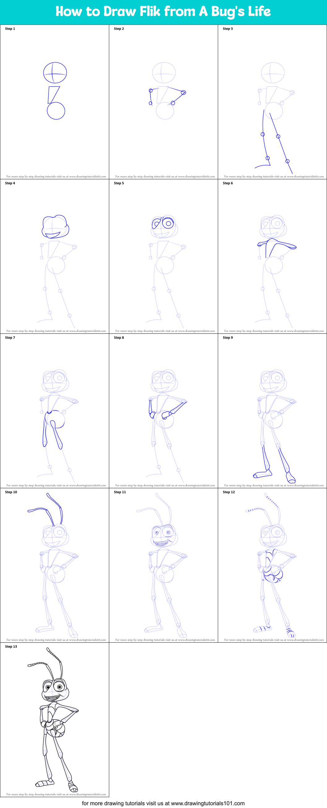 How to Draw Flik from A Bug's Life printable step by step drawing sheet ...