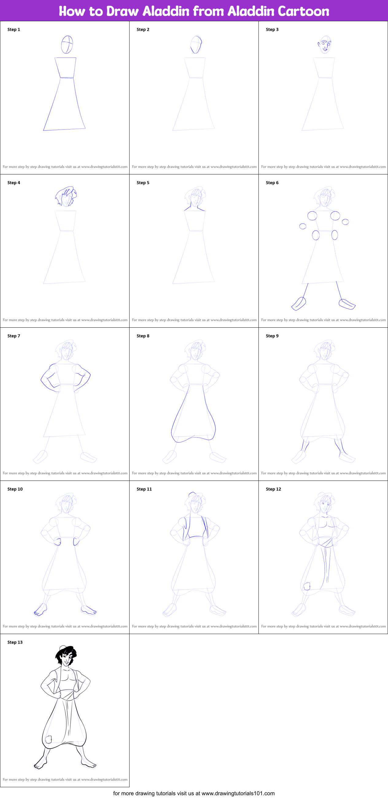 How To Draw Aladdin From Aladdin Cartoon Printable Step By Step Drawing Sheet