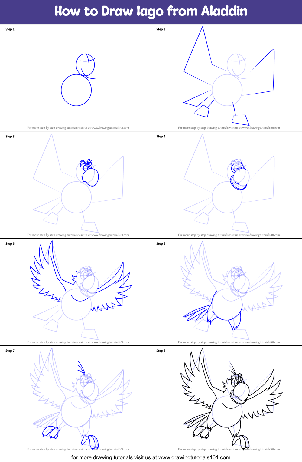 How to Draw Iago from Aladdin printable step by step drawing sheet ...