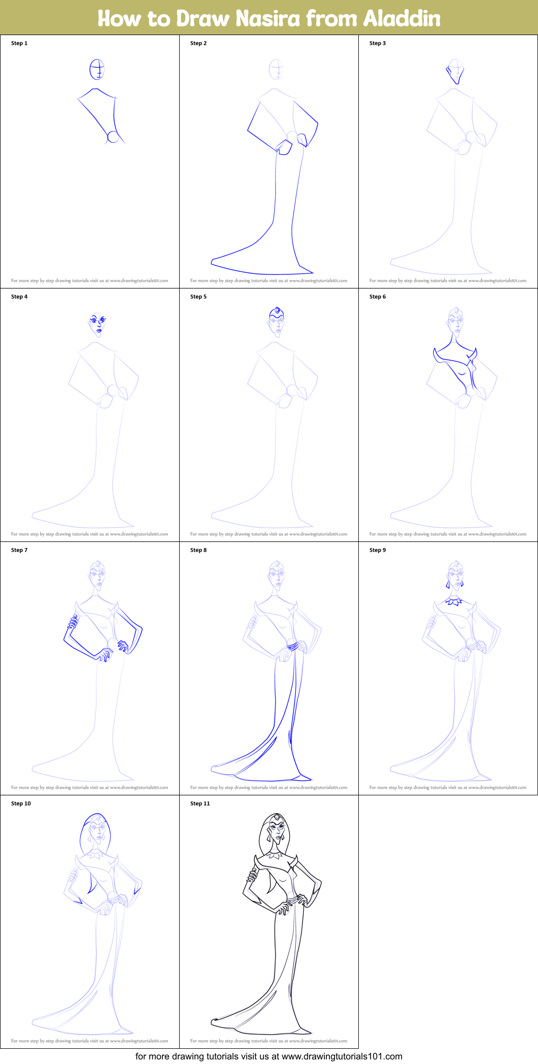 How to Draw Nasira from Aladdin printable step by step drawing sheet ...