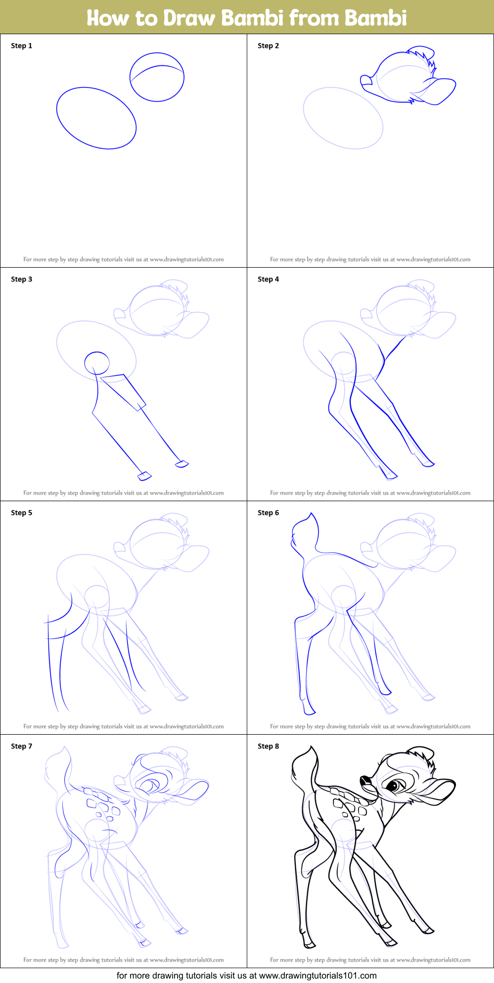 How to Draw Bambi from Bambi printable step by step drawing sheet