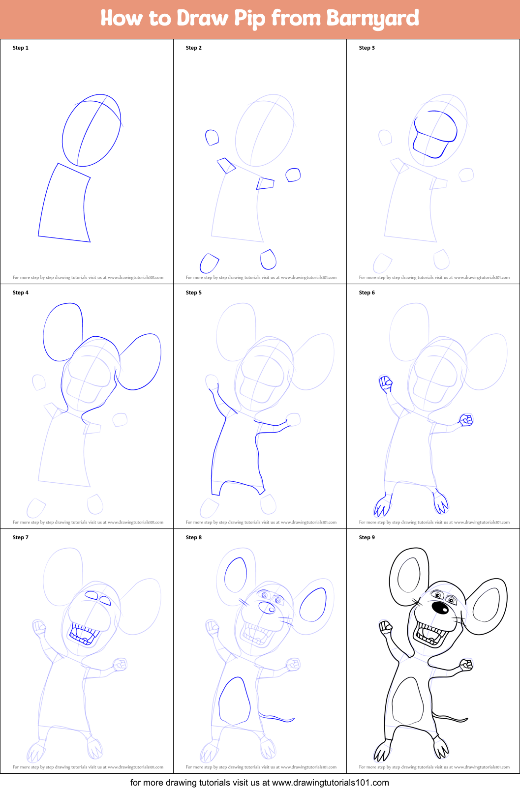 How to Draw Pip from Barnyard printable step by step drawing sheet ...