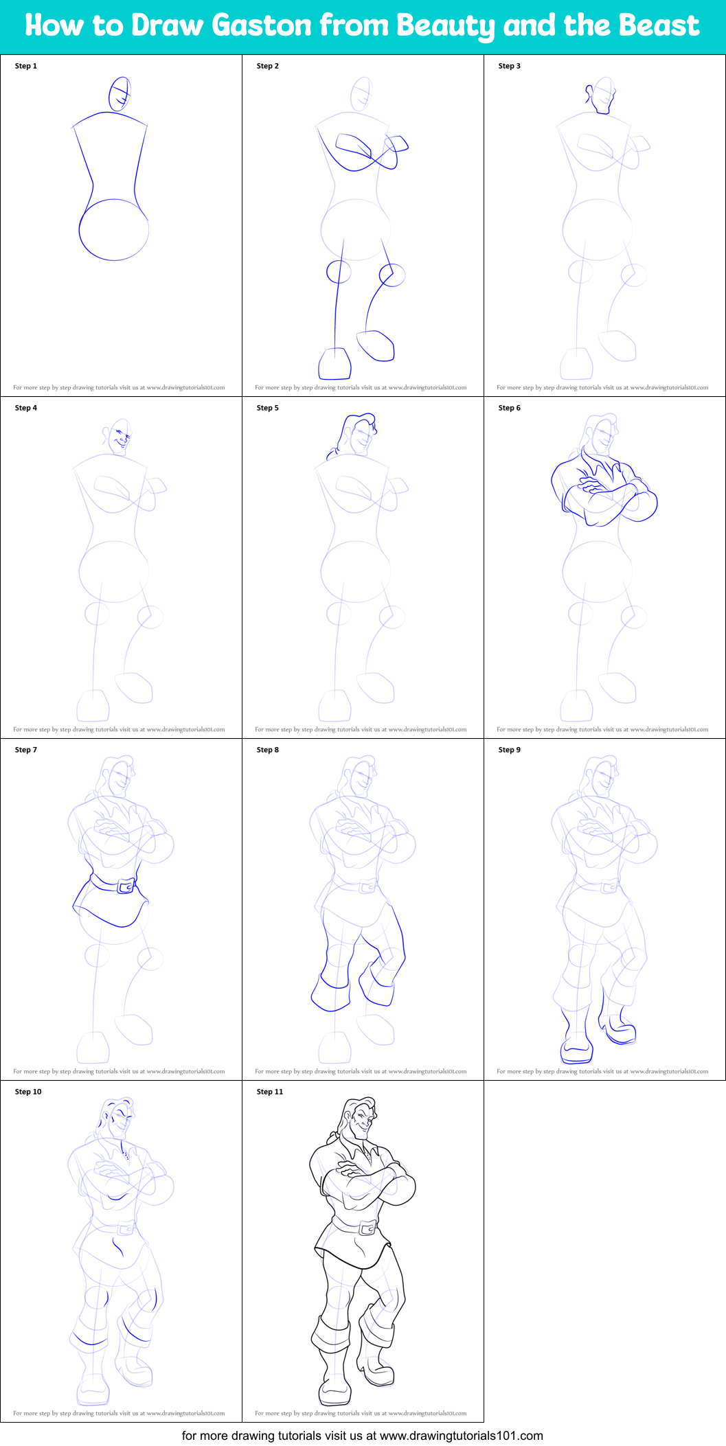 How to Draw Gaston from Beauty and the Beast printable step by step ...