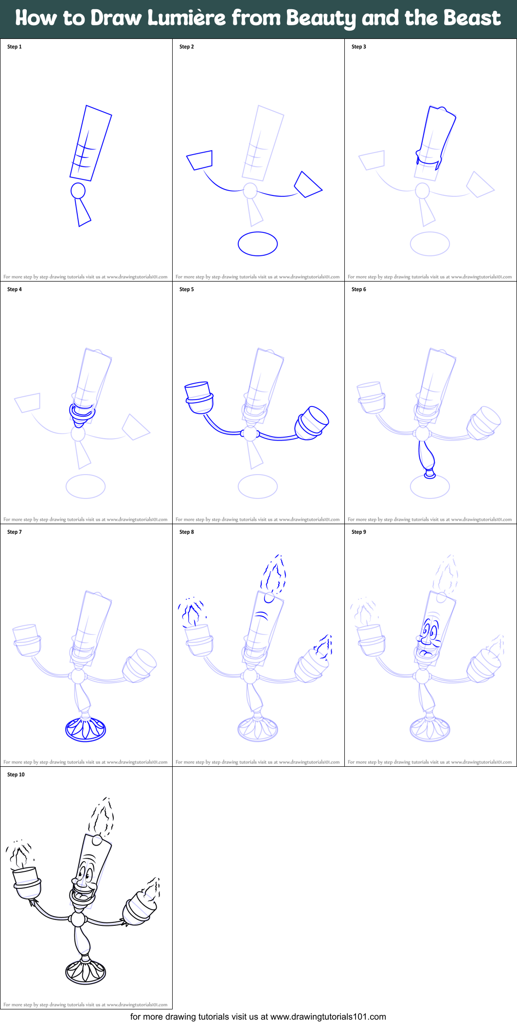 How to Draw Lumière from Beauty and the Beast printable step by step