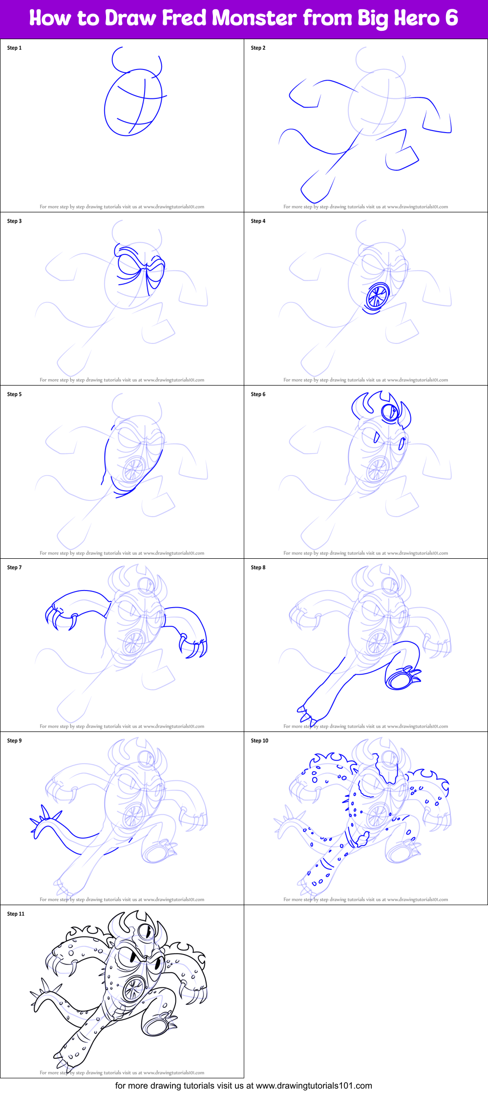 How to Draw Fred Monster from Big Hero 6 printable step by step drawing ...