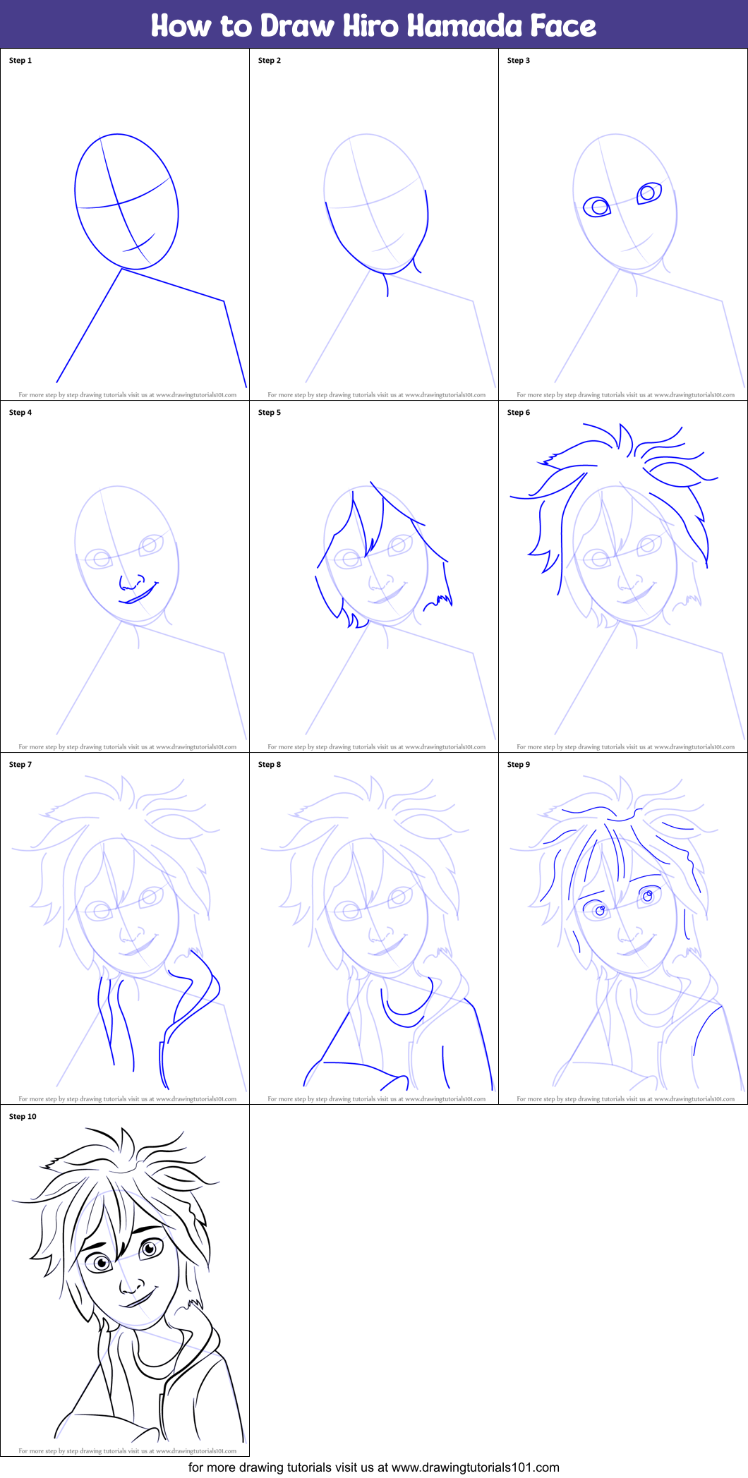 How to Draw Hiro Hamada Face printable step by step drawing sheet ...