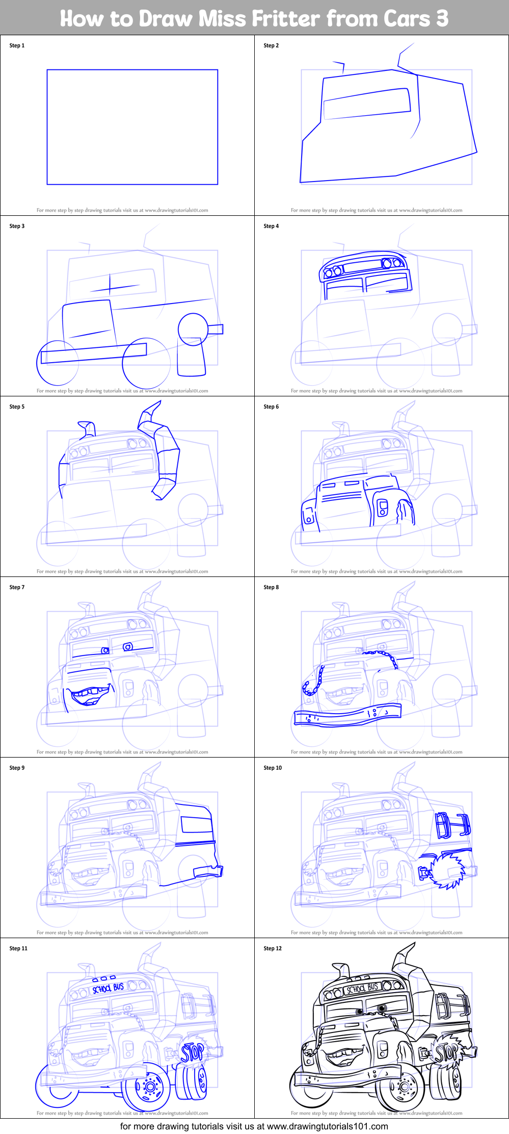 Download How to Draw Miss Fritter from Cars 3 printable step by step drawing sheet : DrawingTutorials101.com