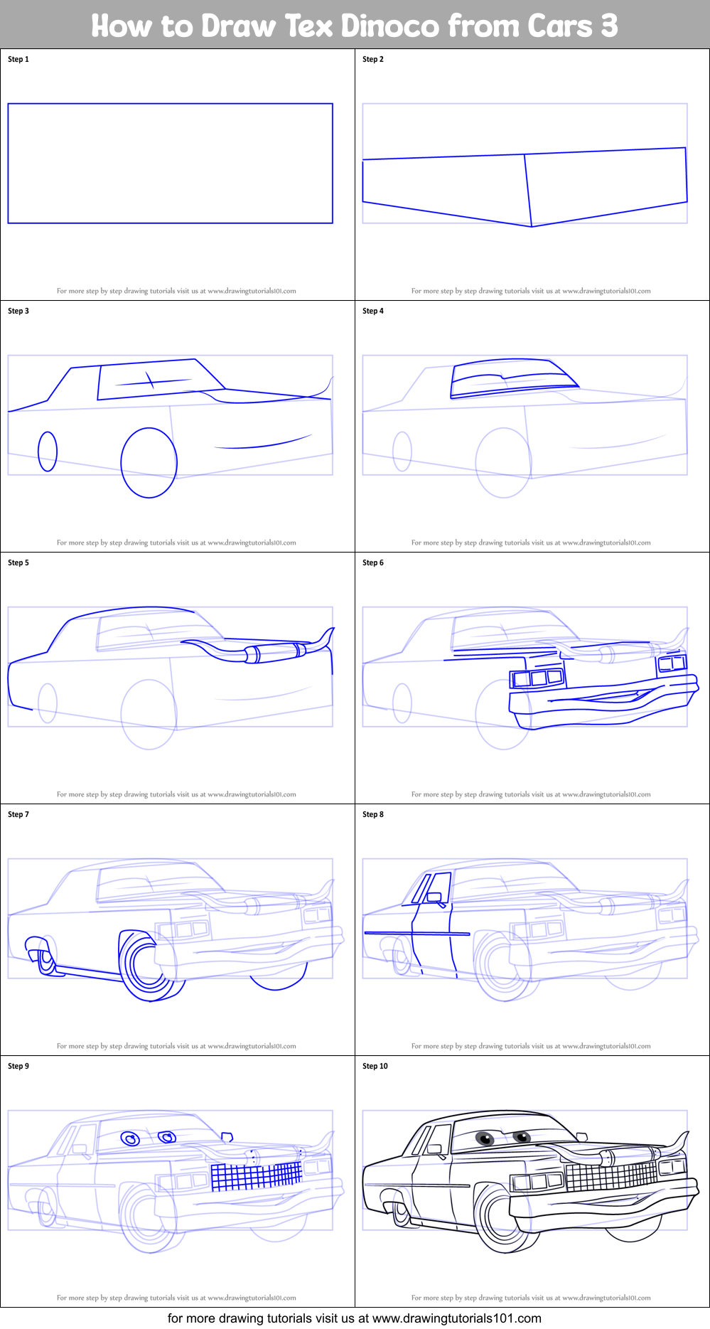 How to Draw Tex Dinoco from Cars 3 printable step by step drawing sheet