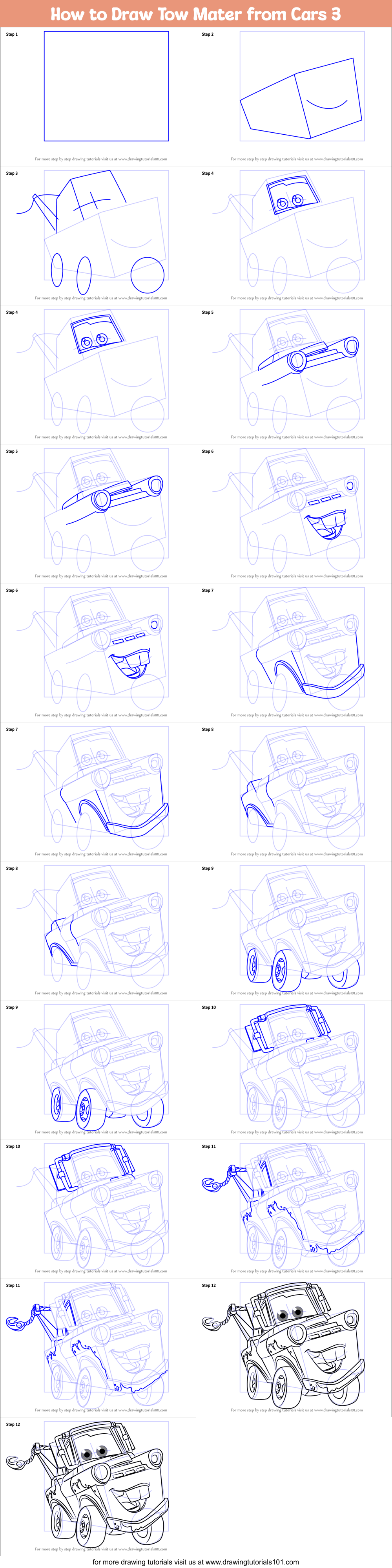 How to Draw Tow Mater from Cars 3 printable step by step drawing sheet