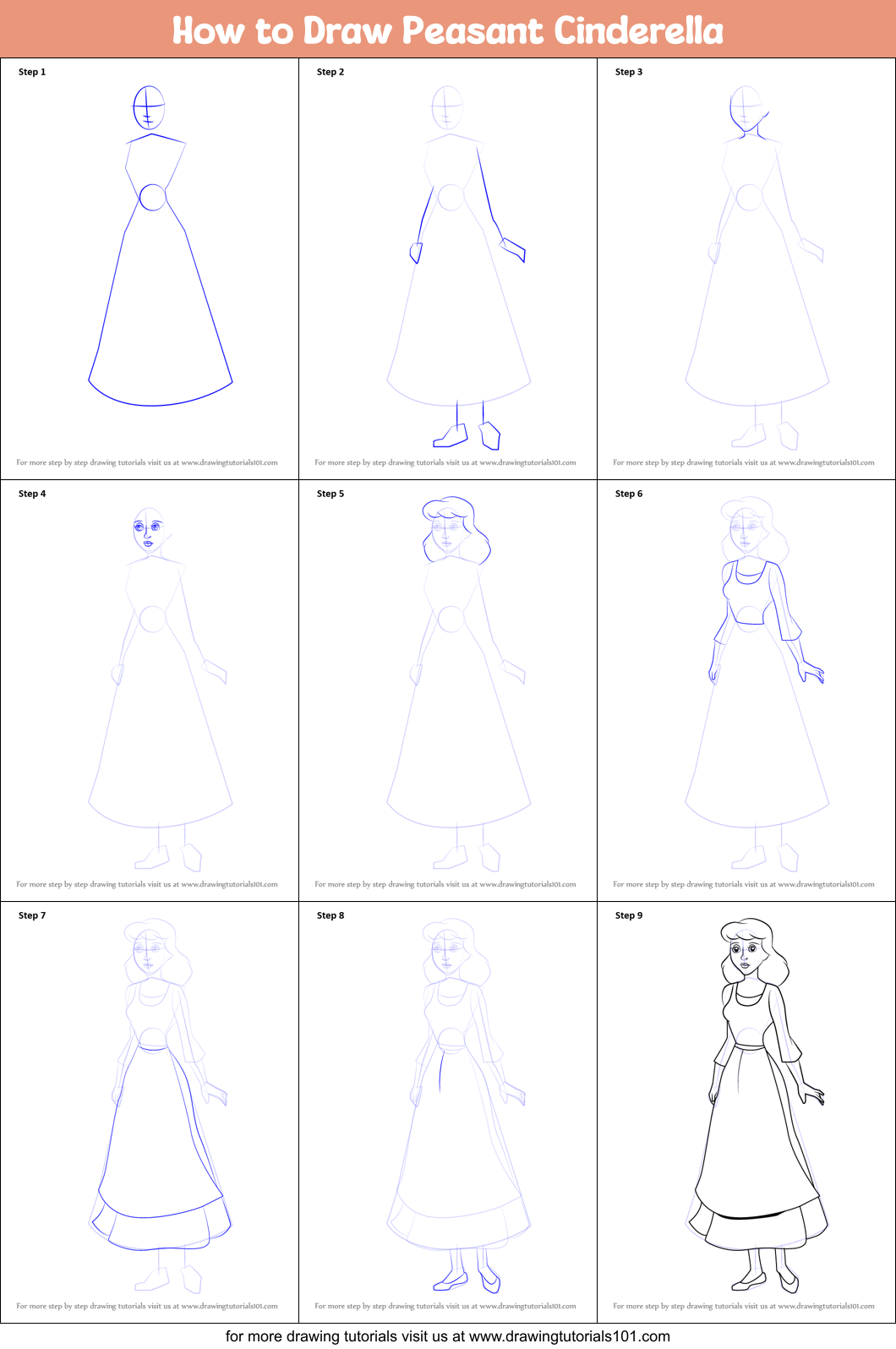 How to Draw Peasant Cinderella printable step by step drawing sheet