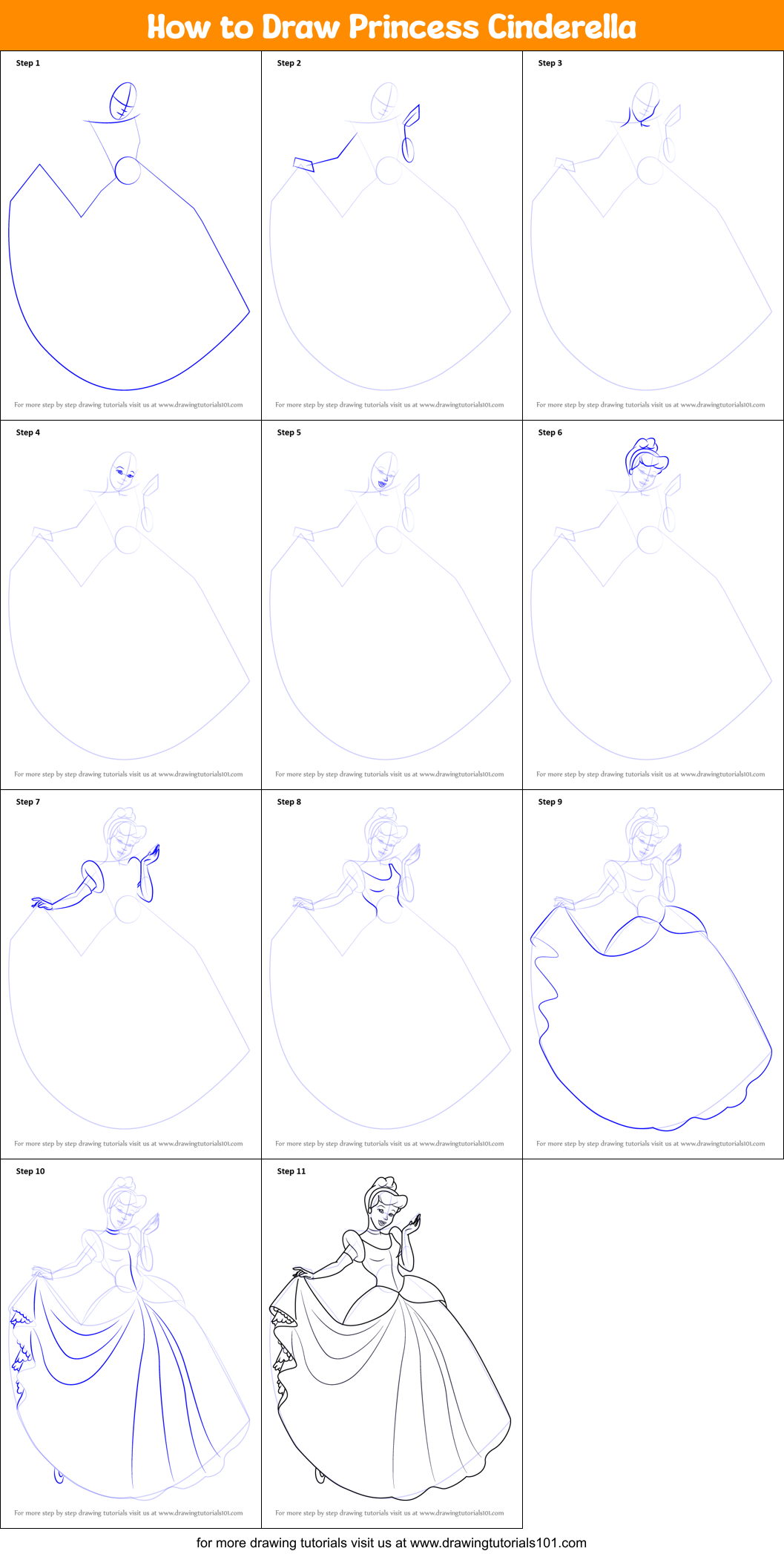 How to Draw Princess Cinderella printable step by step drawing sheet ...