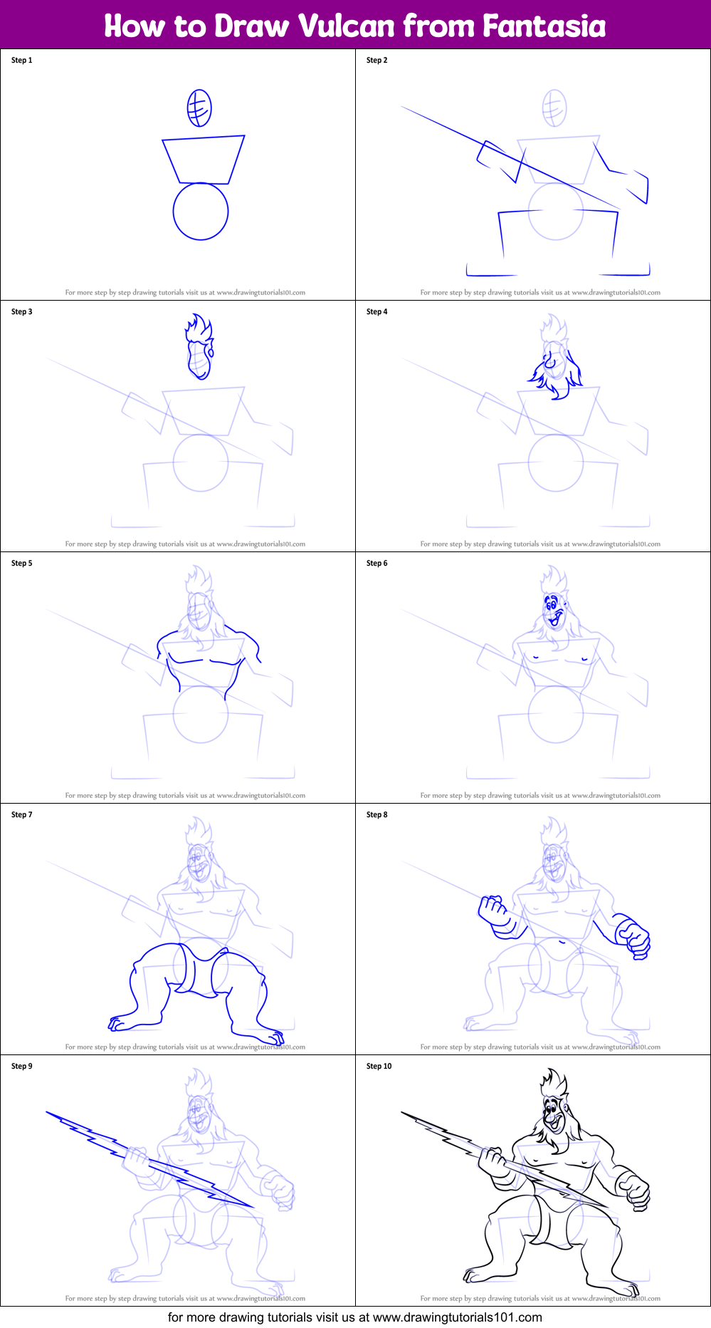 How to Draw Vulcan from Fantasia printable step by step drawing sheet