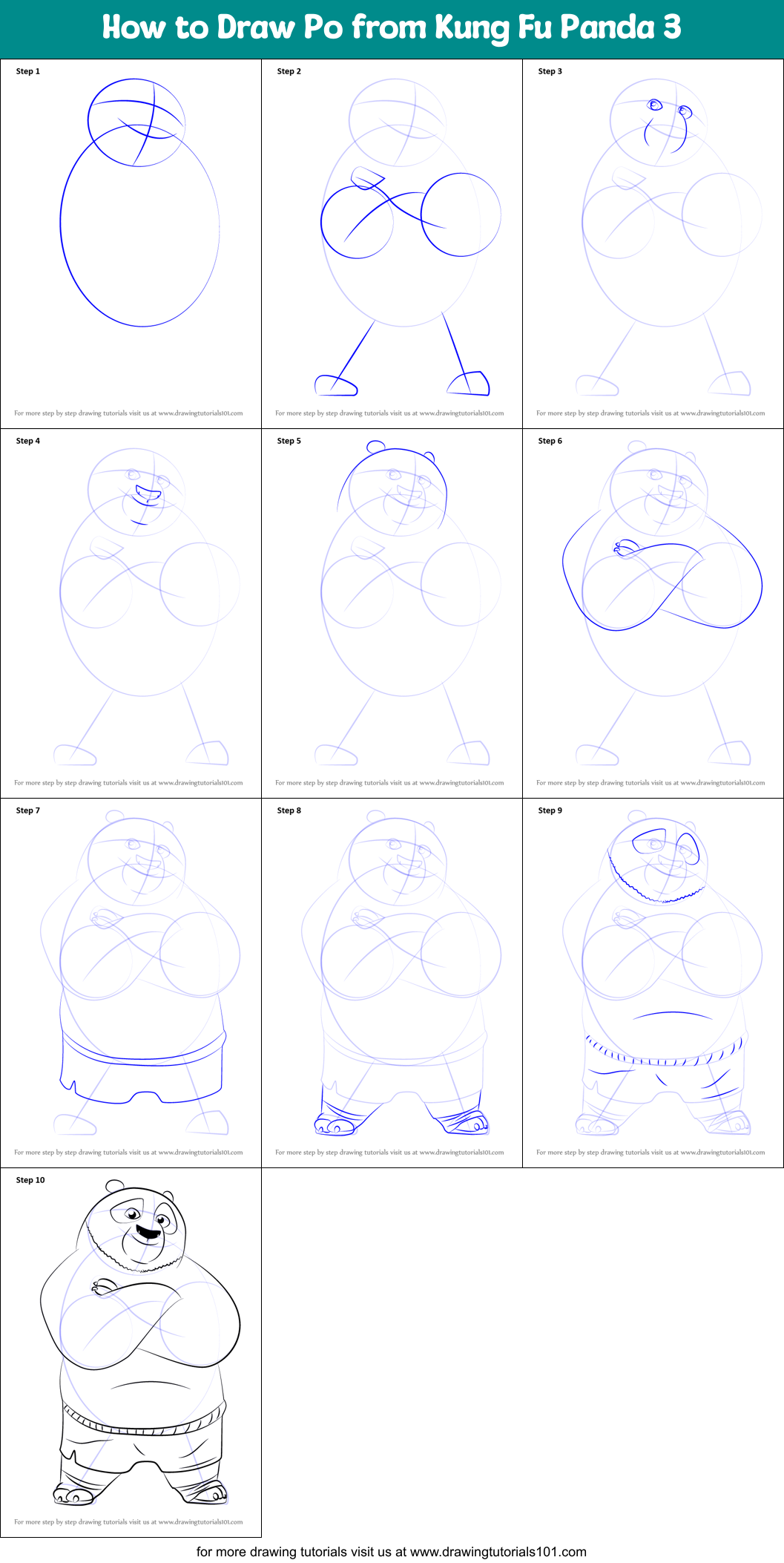 How to Draw Po from Kung Fu Panda 3 printable step by step drawing