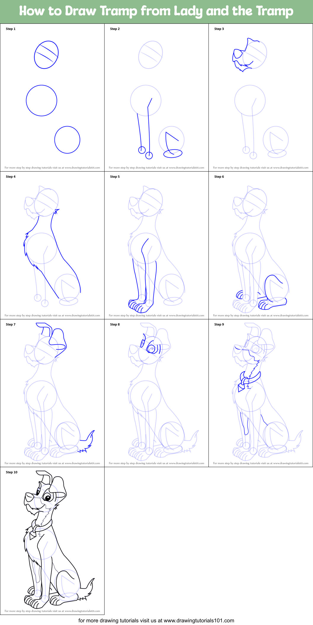 How to Draw Tramp from Lady and the Tramp printable step by step