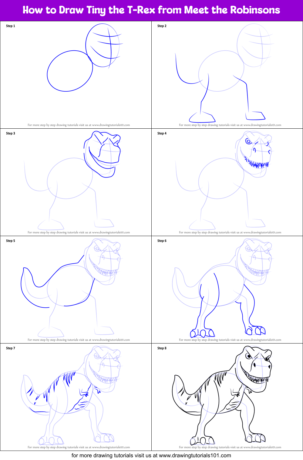 How to Draw Tiny the TRex from Meet the Robinsons printable step by