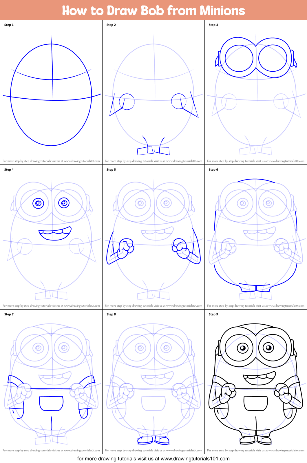 How to Draw Bob from Minions printable step by step drawing sheet